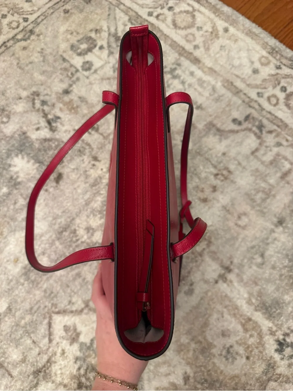 kate spade red Saffiano leather tote with tassel charm